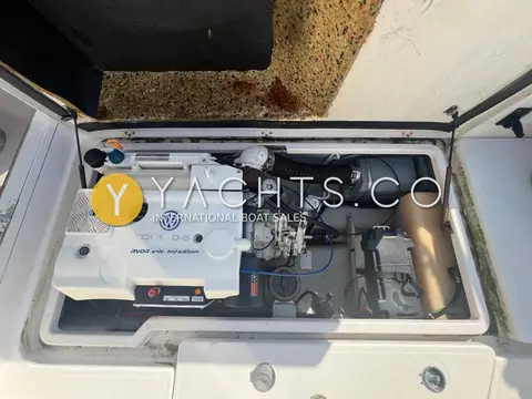 Arvor 210: engine bay with the hatch open, showing the white VW diesel engine