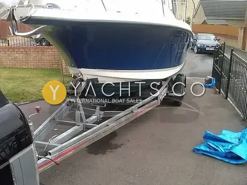 Bayliner Trophy 2152: bow and navy hull sitting on galvanised twin-axle braked trailer with winch post