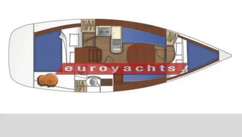 Beneteau Oceanis Clipper 323: layout plan showing forward V berth, saloon, galley, heads and aft double cabin