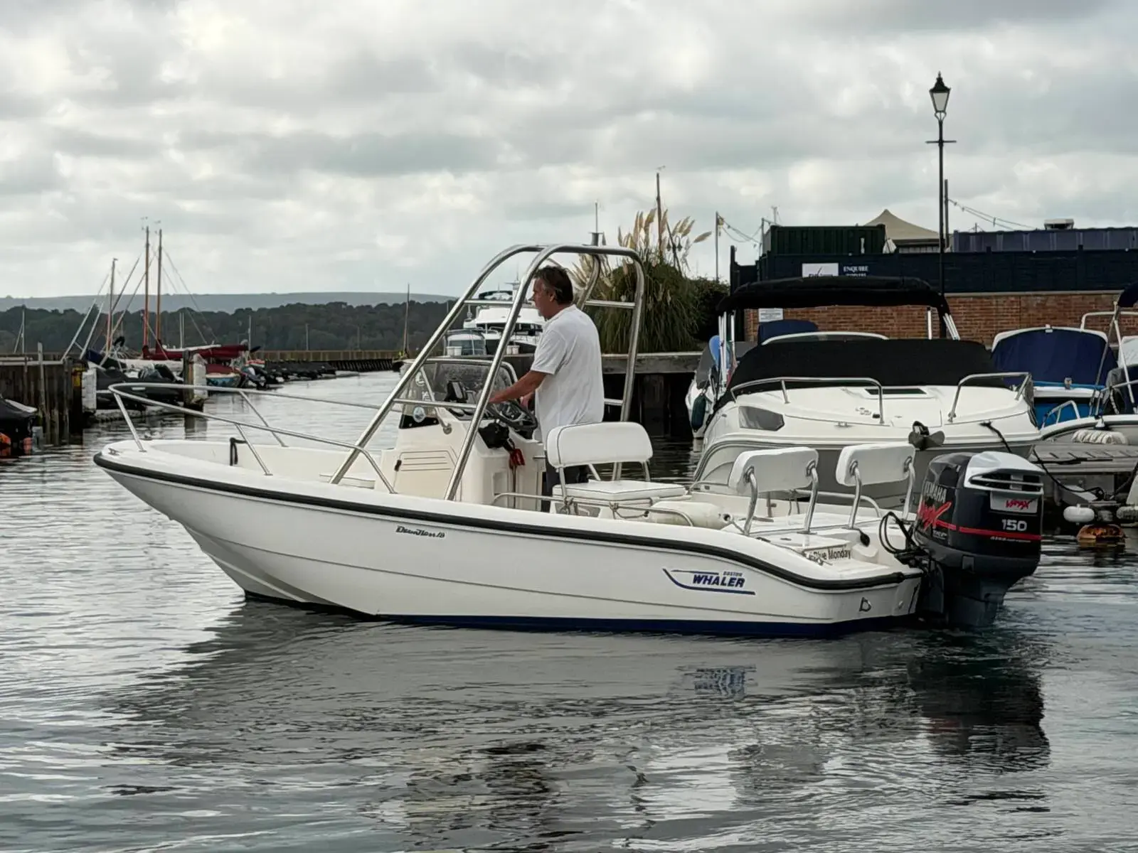 Boston Whaler Dauntless 18: white centre-console boat moored at a wooden pontoon, stainless arch and bow rails visible