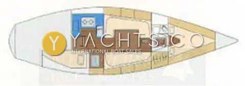 Contessa 32: layout drawing showing forward berths, heads, saloon dinette, galley and quarter berth