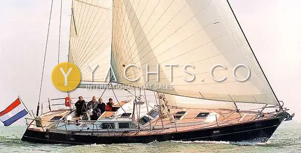 Contest 48CS: sailing under full main and genoa with crew in the cockpit, dark hull and teak deck