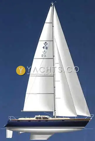 Contest 48CS: sail plan profile drawing showing masthead rig, dark blue hull and keel outline