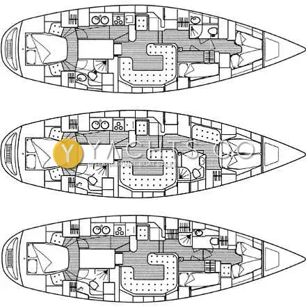 Contest 48CS: three alternative accommodation layout drawings showing cabins, saloon, galley and heads