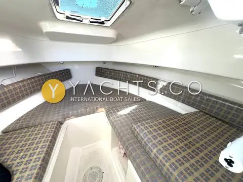 Faeton 630 Sport: forward cabin V berth with checked upholstery and overhead hatch