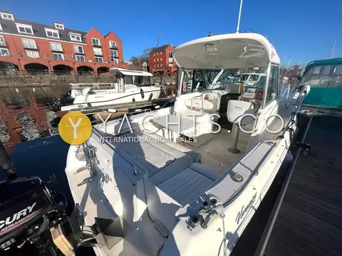 Faeton 630 Sport: cockpit seen from astern with transom door and folding seats, marina behind