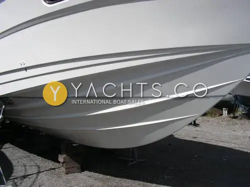 Fairline Phantom 41 Reduced: white hull bottom ashore on blocks, showing moulded spray strakes and deep V forward