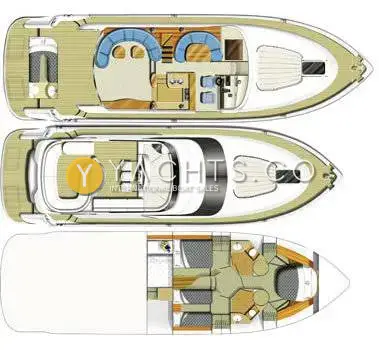 Fairline Squadron 58: layout plans of the main deck, flybridge and lower deck cabins