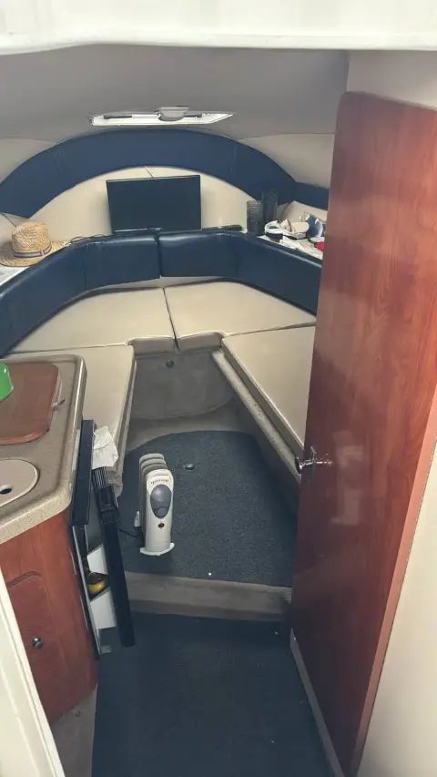 Glastron GT 249: looking down into the cabin from the companionway, navy upholstered seating forward