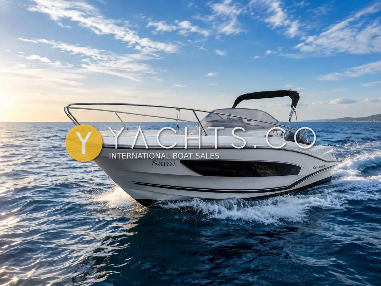 Jeanneau Cap Camarat 7.5 WA S2: white walkaround sports boat under way at sea with ski mast arch and windscreen