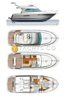 Jeanneau Prestige 36: layout drawings showing profile, flybridge, saloon deck and two-cabin lower accommodation