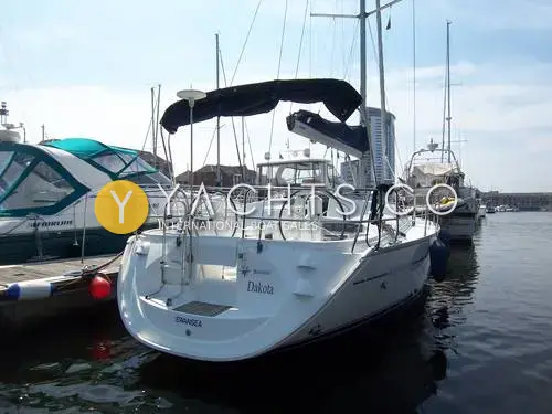Jeanneau Sun Odyssey 40: stern view in a marina berth, bimini up, twin wheels and Swansea home port on transom