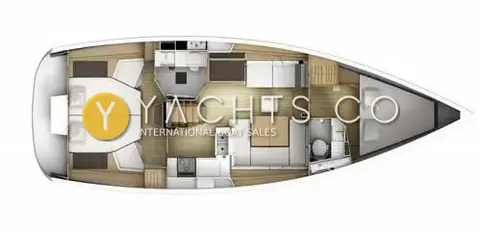 Jeanneau Sun Odyssey 41DS: layout plan showing aft double cabin, central saloon and galley, forward cabin with heads