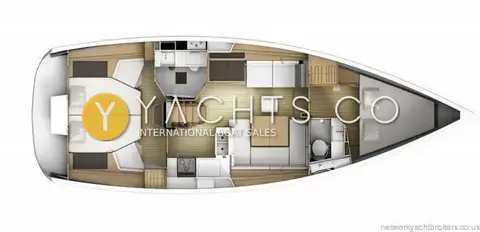 Jeanneau Sun Odyssey 41DS: accommodation plan of two-cabin layout with aft stateroom, saloon, galley and forward cabin