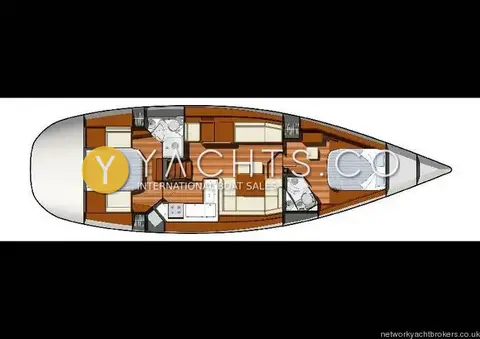 Jeanneau Sun Odyssey 50 DS- 360 Docking With: layout plan showing three cabins, two heads, central saloon and galley