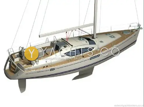 Jeanneau Sun Odyssey 50 DS- 360 Docking With: rendering of the deck from aft, with wood side decks, twin wheels and coachroof windows