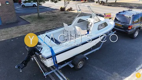 Kingfisher 166 Sports Fisher: high view from the stern showing open cockpit, raised outboard and stainless steel A-frame
