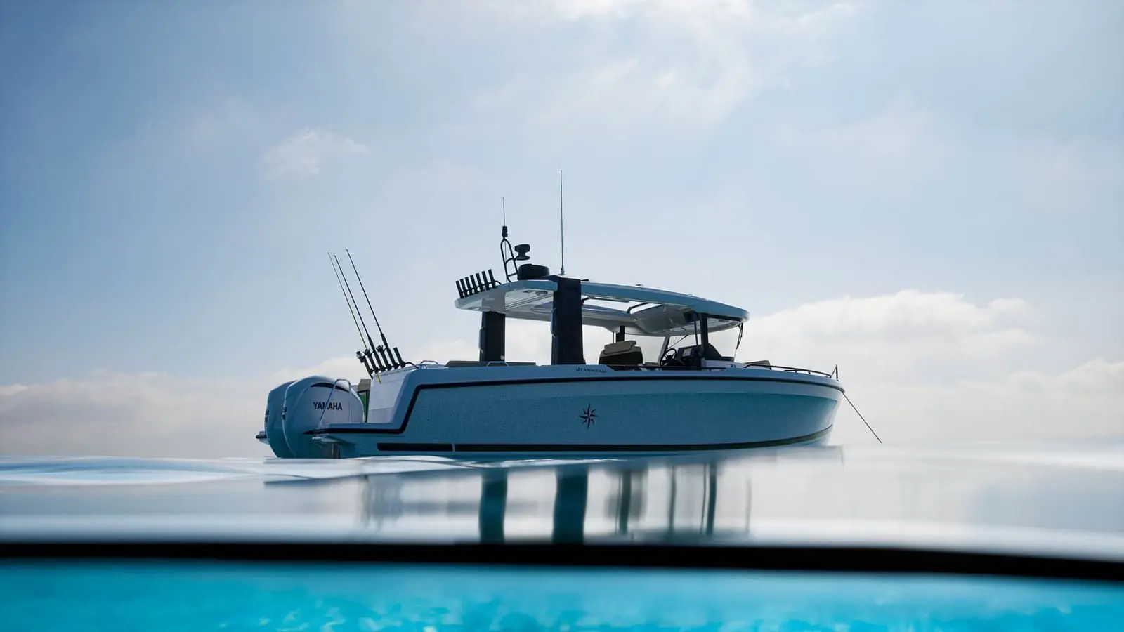 Jeanneau EX 34 Hardtop: side view at water level showing white hull, hardtop, rod holders and twin outboard engines