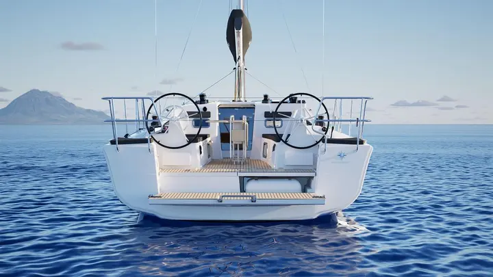 Jeanneau Sun Odyssey 385: stern view showing twin helm wheels, open transom with teak bathing platform and swim ladder, calm sea