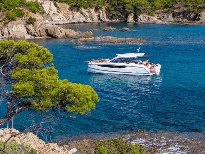 Jeanneau TH38: boat at anchor in a turquoise rocky cove, guests seated aft, pine tree in foreground