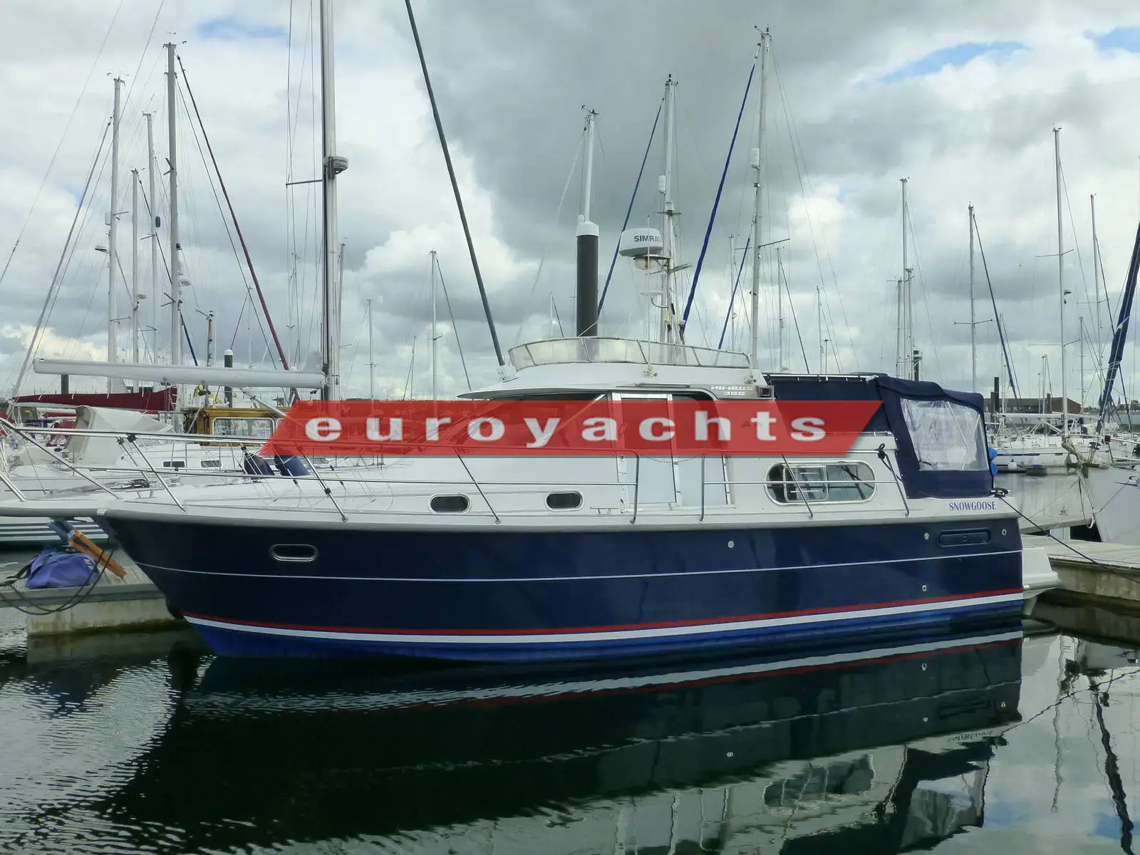Nimbus 380 Commander: blue-hulled flybridge motor boat moored in a marina among sailing yachts