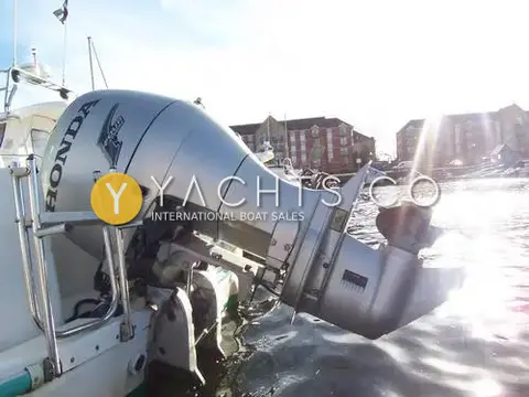 Ocqueteau 575: close view of the tilted Honda outboard beside the stern swim ladder, sun behind