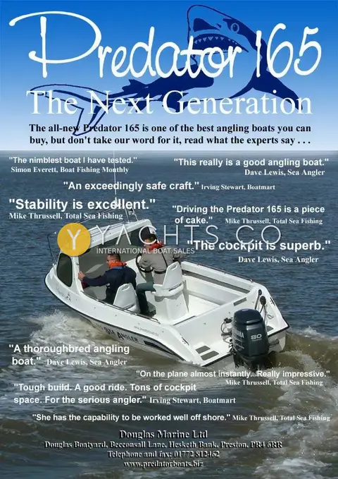 Predator Boats Predator 165 Sea Angler: manufacturer brochure page for the Predator 165 with press review quotes, not this boat