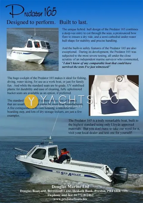 Predator Boats Predator 165 Sea Angler: manufacturer brochure page describing the Predator 165 hull and cockpit, not this boat