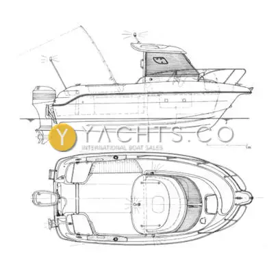 Quicksilver 500 Pilothouse: line drawings of side profile and deck plan showing offset wheelhouse and outboard