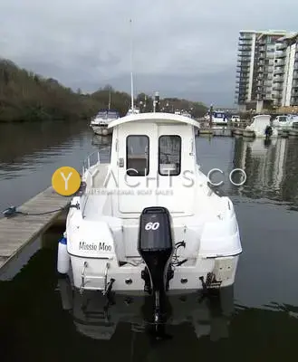Quicksilver 500 Pilothouse: stern view on a pontoon showing the outboard marked 60, the boarding ladder and the pilothouse