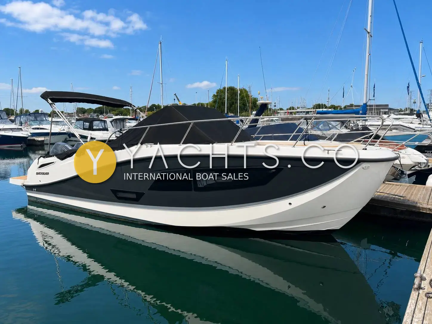 Quicksilver 875 Sundeck: dark grey and white hull with black hardtop, moored stern-in at a marina pontoon