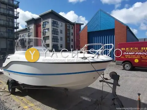 Quicksilver Activ 455: starboard bow view of white hull with blue stripe on a trailer ashore