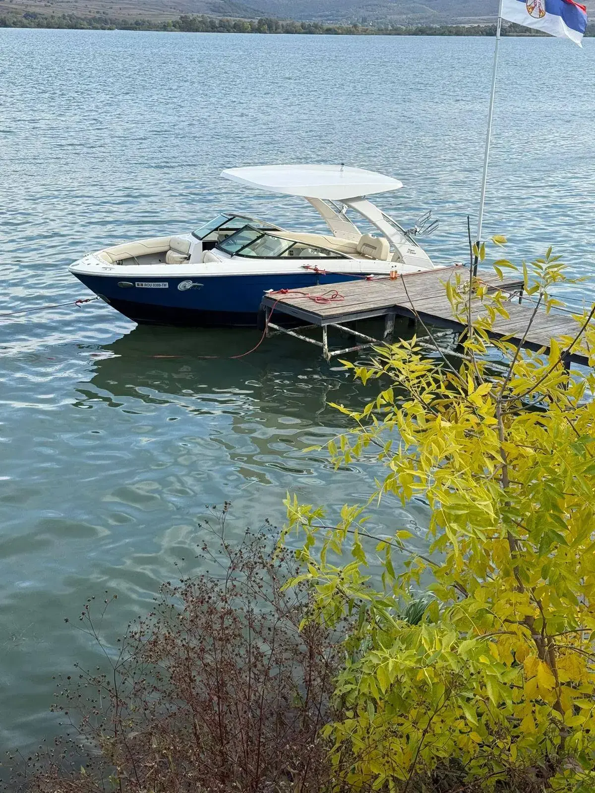 Regal LS4 Surf: navy and white hull moored alongside a small wooden jetty on a lake, yellow foliage in front