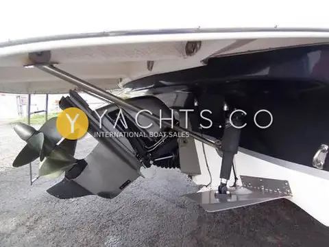 Rinker 262: stern drive leg with twin counter-rotating propellers and trim tab, boat ashore on gravel