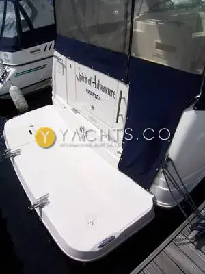 Rinker 270 Fiesta Vee: extended bathing platform and transom with name and Swansea home port, canopy closed