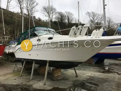 Sea Ray Sundancer 270: port side of the hull ashore on stands, showing the name on the topsides and green canopy