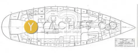 Taswell 49CC: interior arrangement drawing showing three cabins, U-shaped saloon seating and aft stateroom