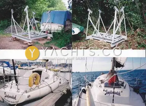 Van de Stadt Pionier 10: collage showing the storage cradle ashore, the boat at a pontoon and sailing at sea