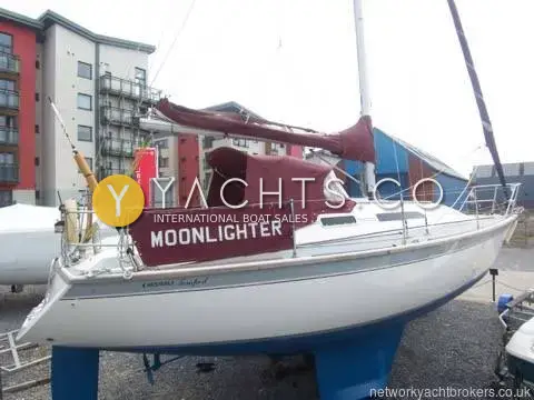 Westerly Tempest: port side of white hull ashore in Swansea with burgundy covers and named dodgers