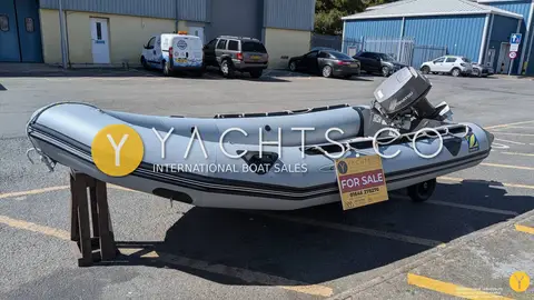 Zodiac Mk 2 Classic Sib Airdeck: port side profile on a bow stand with transom wheels down and for sale sign